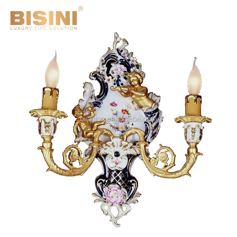 Original Classic Rococo Style Gold Cherub and Floral Ornate Two Arm Candle Wall Sconce for Villa