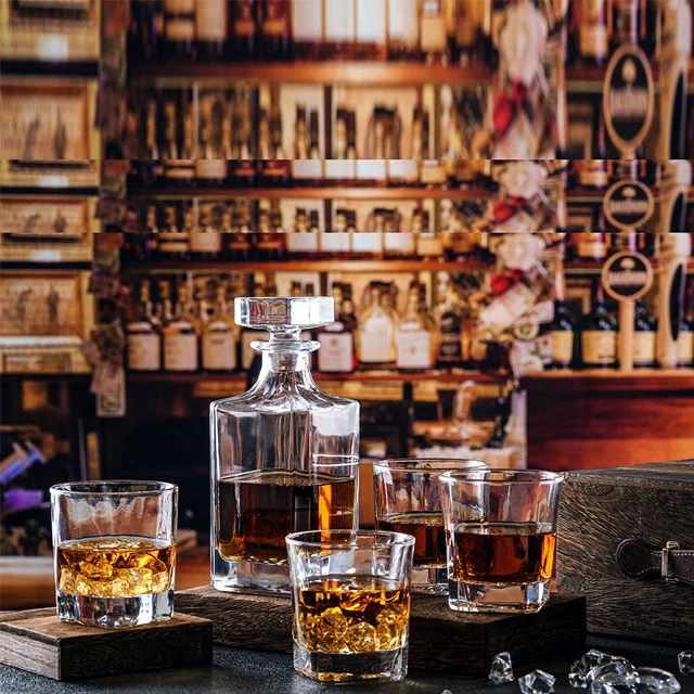 Whisky Decanter Set Gold Decal Glass Bottle With Clear Glass Gold Cup Whisky glass sets