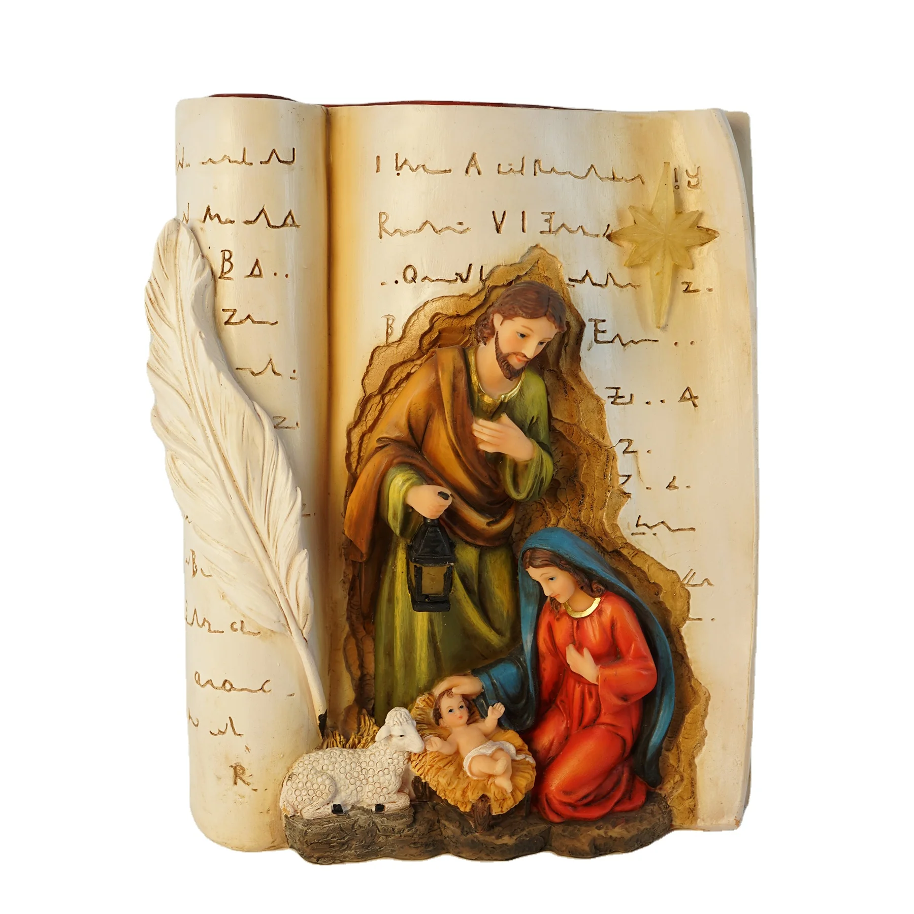 Top Grace Custom Book Holy Family Resin Holy Father, Mara and Baby Jesus Statue With Led Light Table Desk Decoration