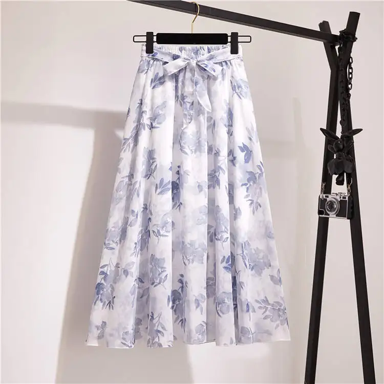 Women Summer Skirts 2022 Vintage Printed Chiffon A-Link Skirt Bow Waist Casual Holiday Beach Midi Skirt Stock