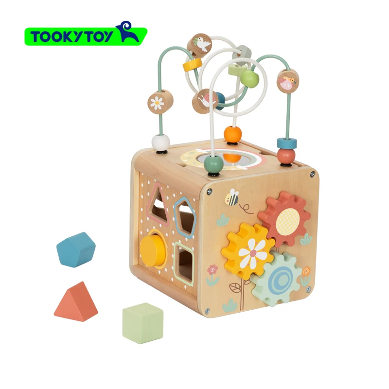 Hot selling wooden Circles Bead Wire Maze activity cube toys sensory toys Shapes Matching game wooden educational box for kid
