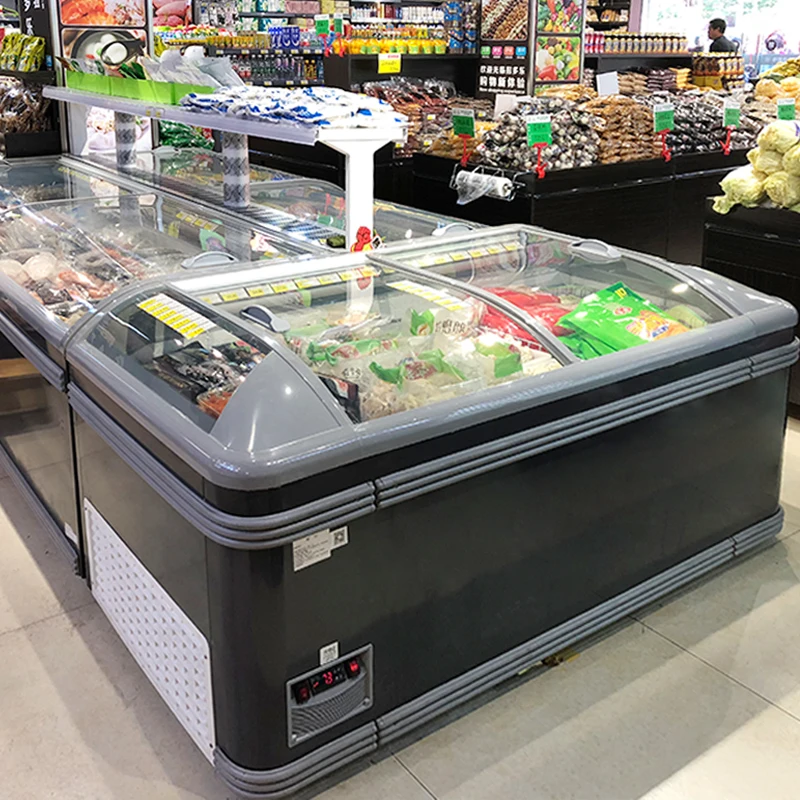 Supermarket refrigeration equipment large capacity meat display sliding glass door chest island freezer