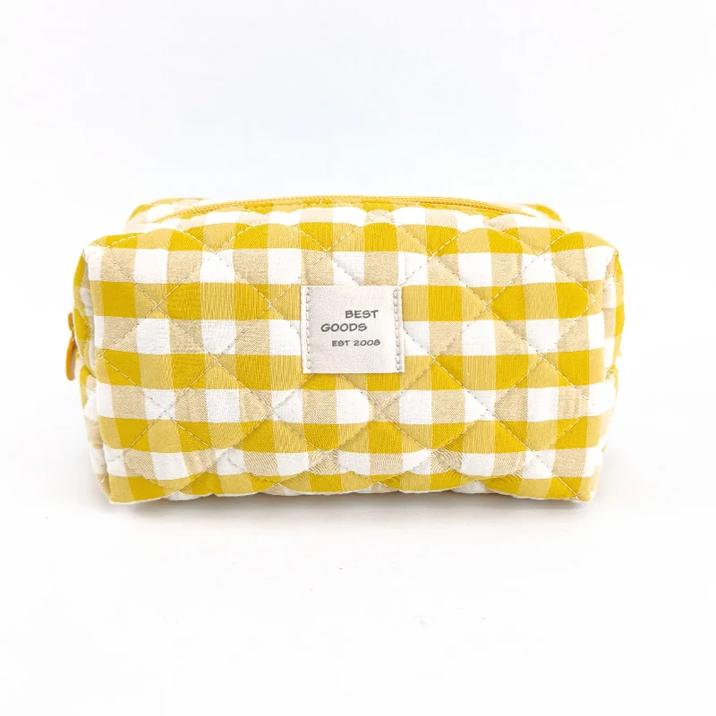 Eco-friendly travel make-up bag checked fabric rectangle cosmetic bag custom logo quilted makeup bag