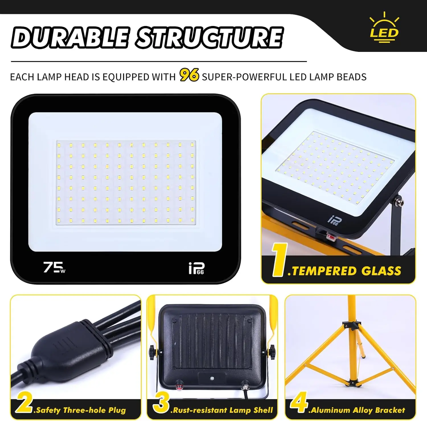 Adjustable and Foldable Tripod Stand 225W 22500 Lumen  Three Head LED Work Light with Individual Switch Lights