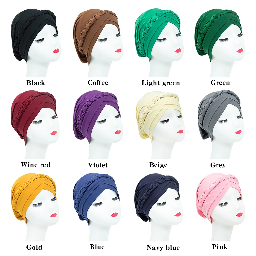Popular solid color twist braid turban hat Muslim milk silk ethnic hat