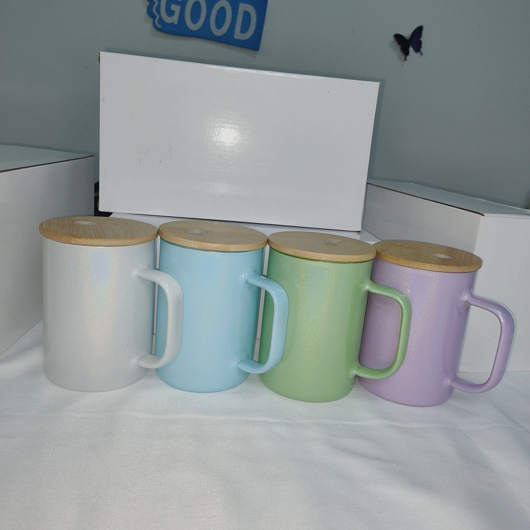 wholesale bulk mixed color 17oz sublimation white shimmer jelly glass can cup mug tumbler with bamboo plastic lid and straw