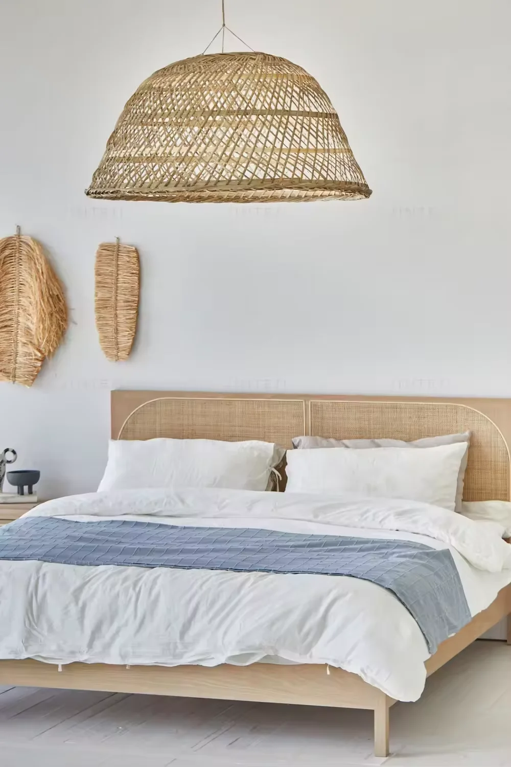 Modern boho wabi sabi eco-friendly solid oak rattan bedroom furniture wooden bed and sofa bed for home use