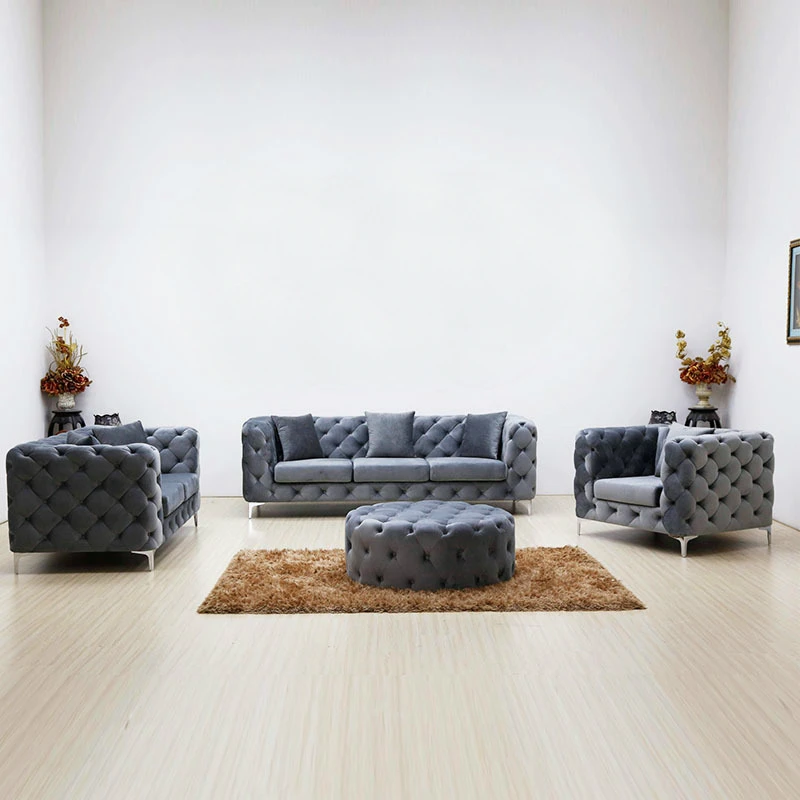 luxury home furniture upholstered 3 2 1 seater chesterfield sofa set grey velvet sofa and couch set
