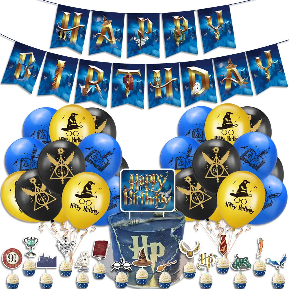 New Harry Potter Party Decoration Happy Birthday Paper Banner Wizard Witcher Hat Glasses Latex Balloon Cake Topper Set