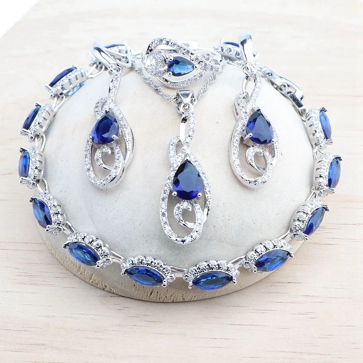 Women 925 Silver Magic Blue Zirconia Jewelry Sets Wedding Bridal Earrings Stones Rings Pendant Bracelets Necklace Set