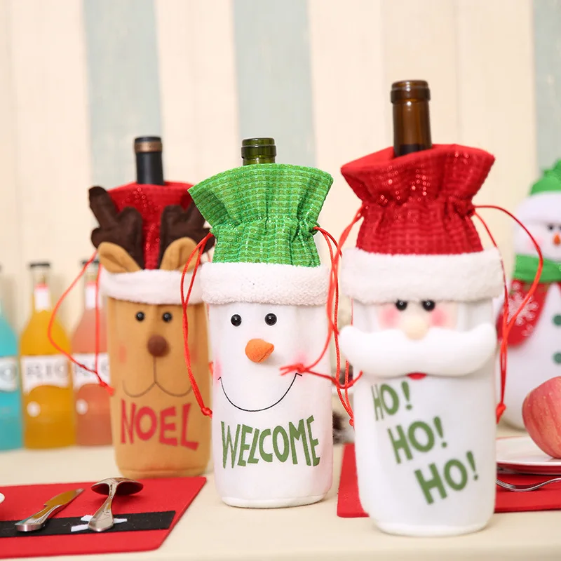 New Design Xmas Snowman Wine Bottle Cover Bags with Drawstring for Christmas Party
