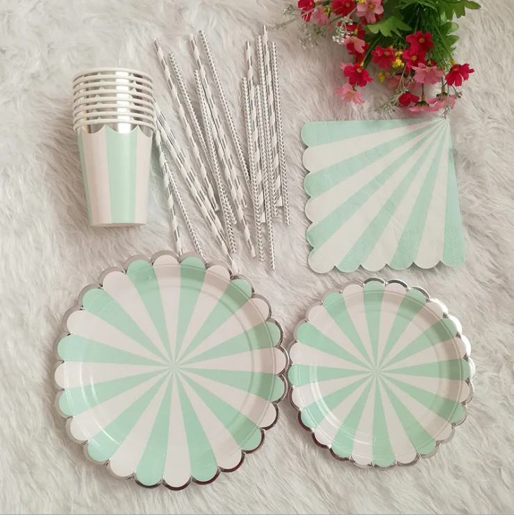New hot stamping disc striped paper plate set high-end disposable tableware paper cup afternoon tea cake saucer