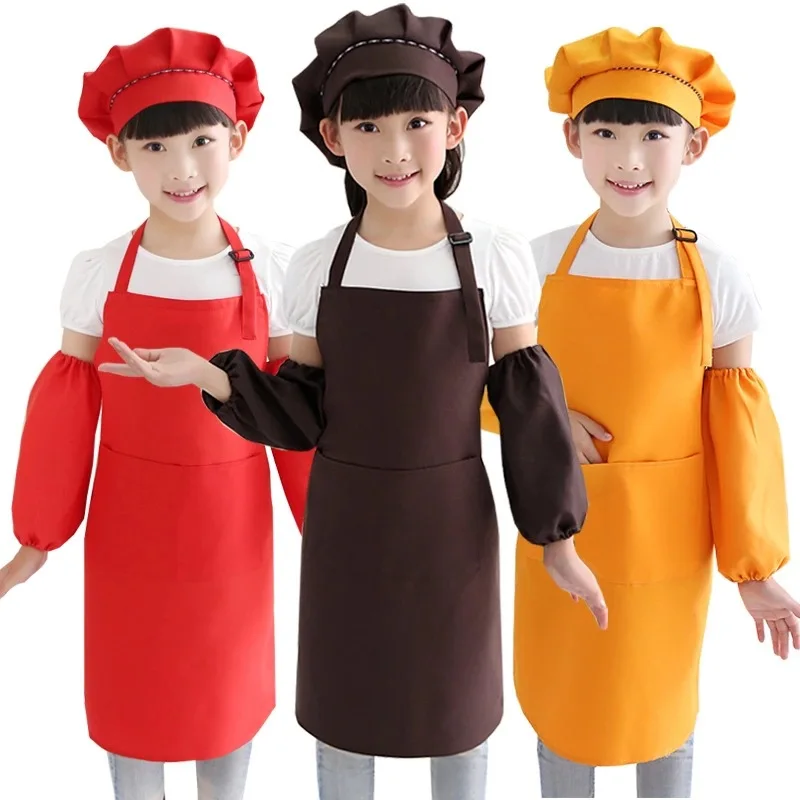 Custom Design Chefs Kindergarten Baby Children Kitchen Apron Baking Cooking Kids Apron for Adjustable Kid Chef Hat Apron Set