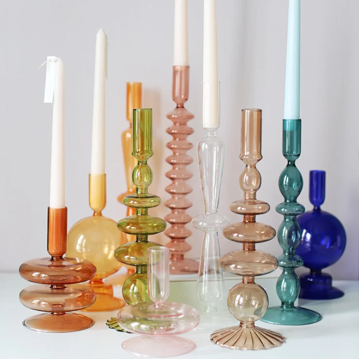 Home Decor 30 Patterns Borosilicate Hand Blown Clear Purple Gold Blue Nordic Candlestick Glass Tube Taper Candle Stick Holder