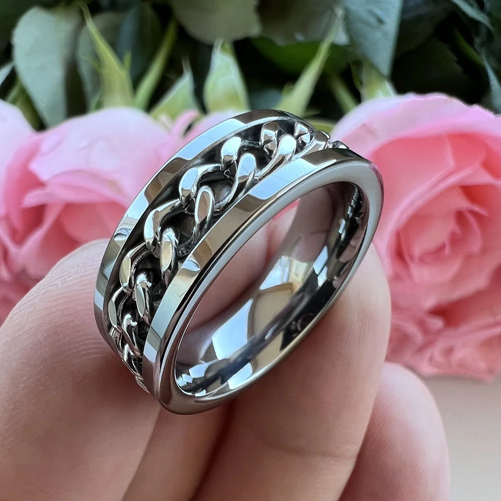 Coolstyle Jewelry 8mm Tungsten Spinner Anxiety Release Ring Men Women Steel Chain Inlay Fashion Engagement Wedding Band