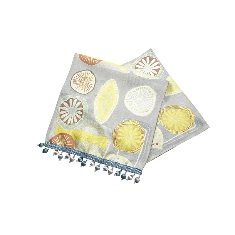 Contemporary 100% Polyester Home Table Linen Jacquard Lemon Table Runner With Beads