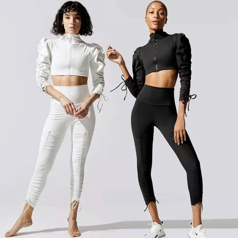 Aoyema  New Wholesale Athletic Women Workout Sportswear Gym Clothing Fitness Long Sleeve Crop Top Scrunch Butt Leggings Yoga Set
