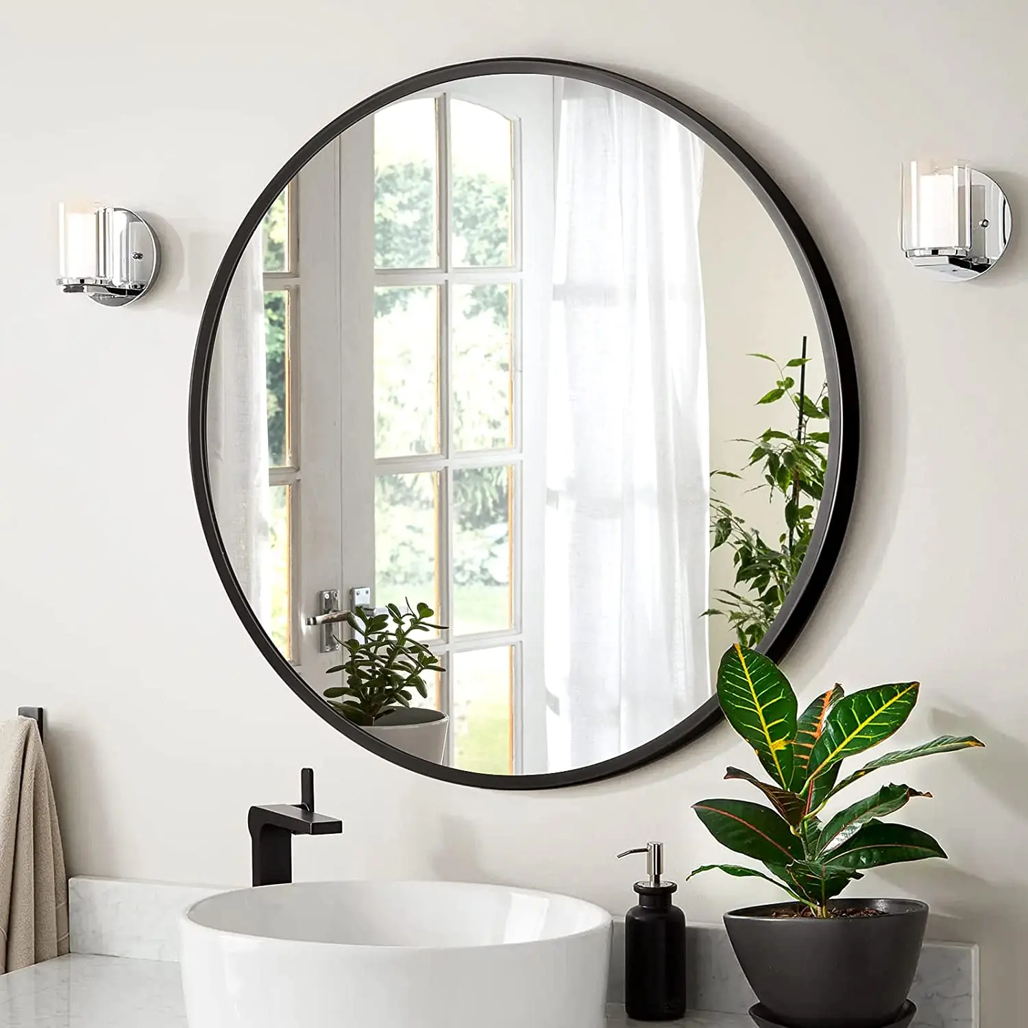 30 Inch Circle Black Wall Mirror Metal Frame Deep Set Design Hangs Horizontal Vertical Rustic