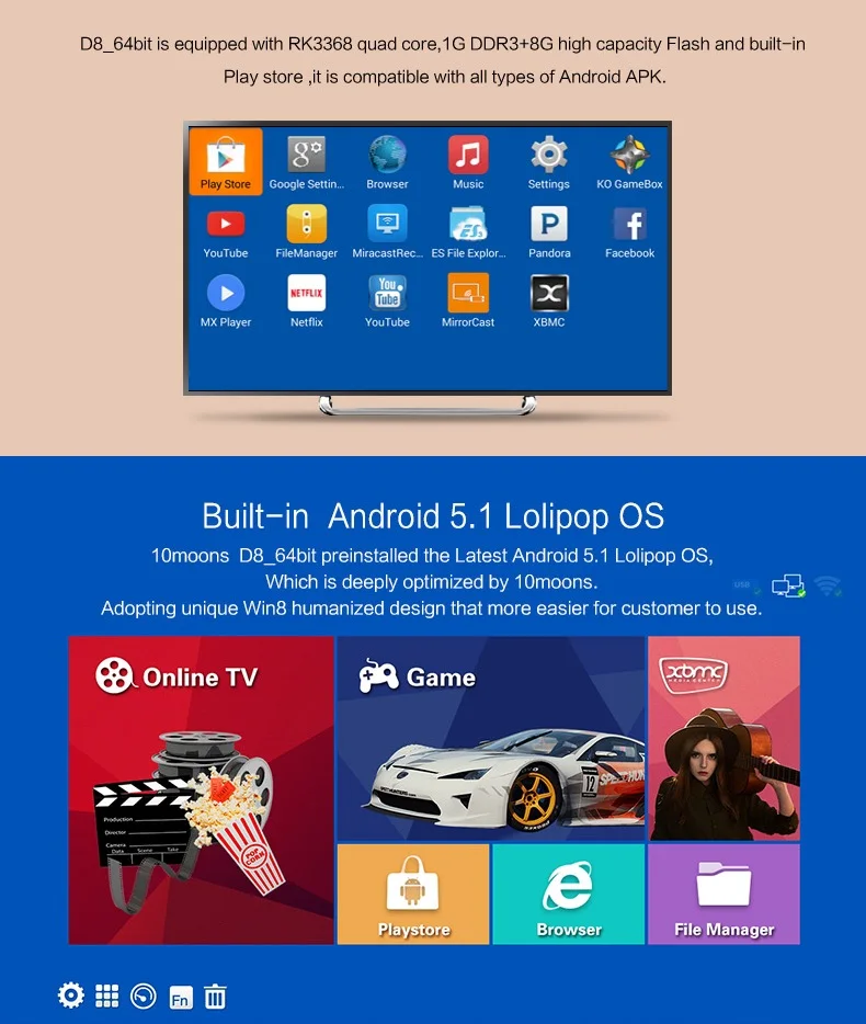 
Smart Android TV Box RK3368 Octa-core 1GB DDR 16GB EMMC BT 4.1 H.265 UHD 4K Media player 