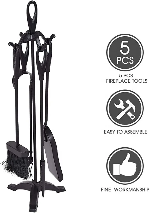 Wood Stove Log Tongs, Holder Tools Kit Sets Stand 27.8 Inches Classic Fireplace tool sets with 5 Pieces