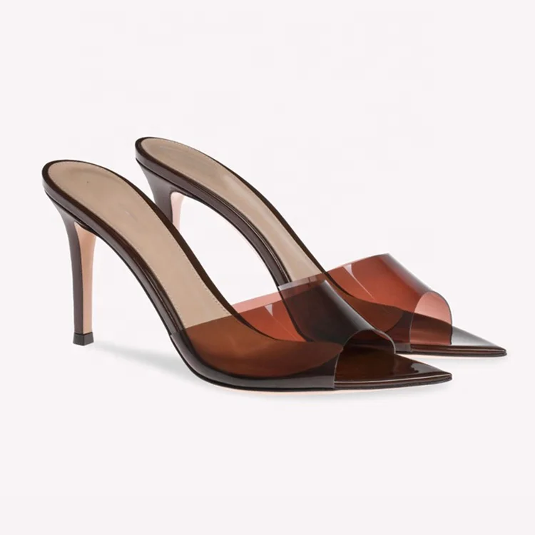 Cheaper price women transparent high heel sandals fetish girl pointy toe clear pvc mules slippers high heels