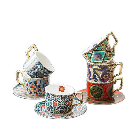 Hot Selling Arabic Royal Luxury Gold Handle Ceramic Tea Cups & Saucers Set Coffee Ceramics Porcelain Cups and Saucers