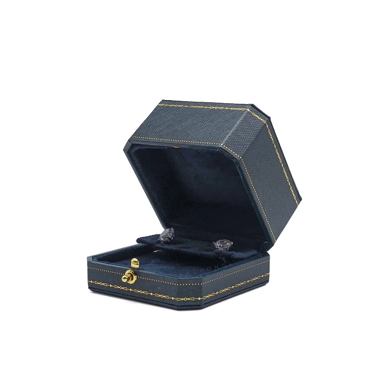 Dark blue jewellery packaging octagonal shape leatherette paper jewelry ring earring box blue