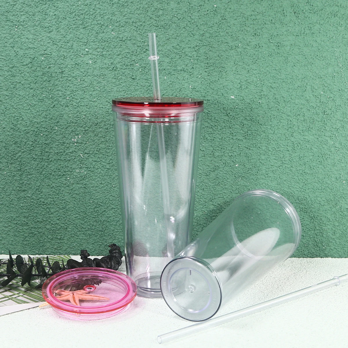 USA China Warehouse 24oz Clear Double Wall Reusable Plastic Snow Globe Acrylic Tumbler Cup With Pre-drilled Hole