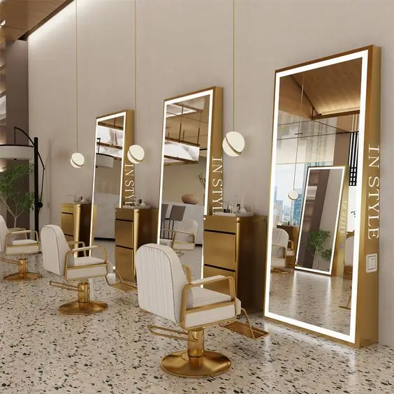 More Design Large Full Length Gold Styling Barber Salon Furniture Wall Mounted Hairdressing Makeup Led Beauty Salon Mirror