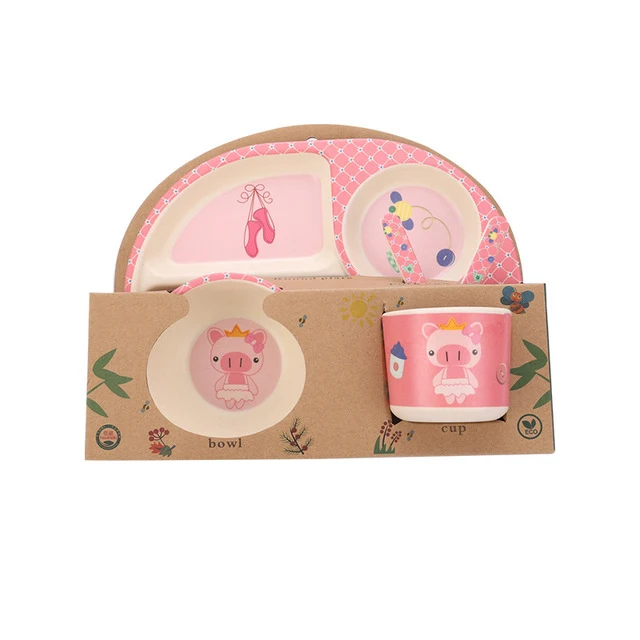 
Wholesale 5PCS Cartoon Design Bamboo Kids Dinnerware Set Baby Tableware Set 