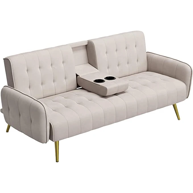 Sofa Bed Convertible Couch with 2 Cup Holders and Removable Armrests for Compact Living Space Apartment Dorm Office