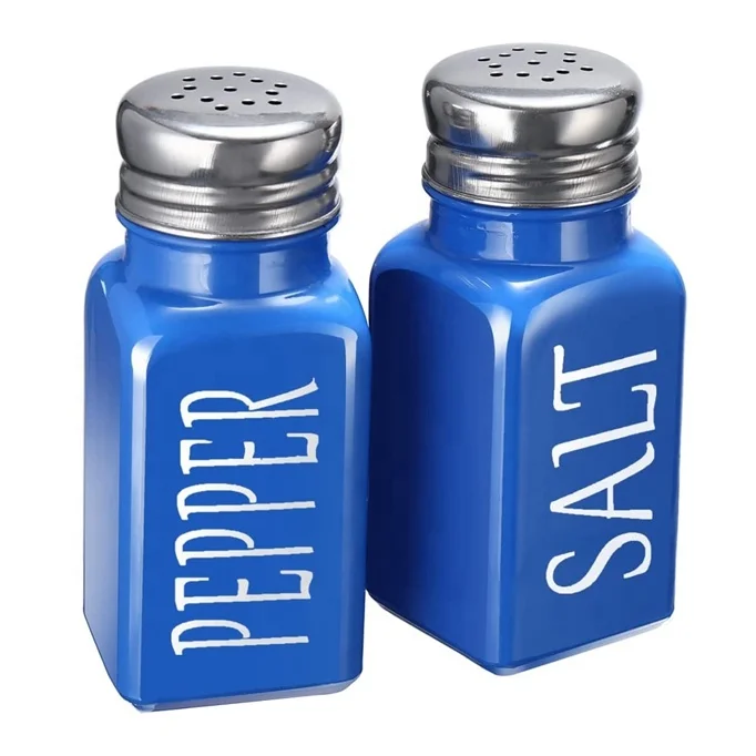 Farmhouse Style Colored Glass Salt and Pepper Shaker Set with Stainless Steel Lids for Home Restaurants