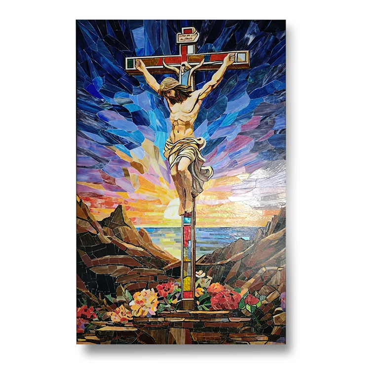 Jesus oil painting custom stained glass Mosaic decoration hanging wall glass paneling
