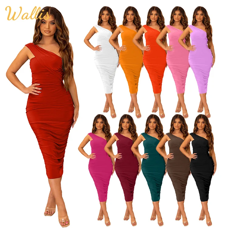 White Bodycon Midi Dresses Women One Shoulder Backless Ruched Summer Dress Vestidos Sexy Night Club Party Casual Dress 2022