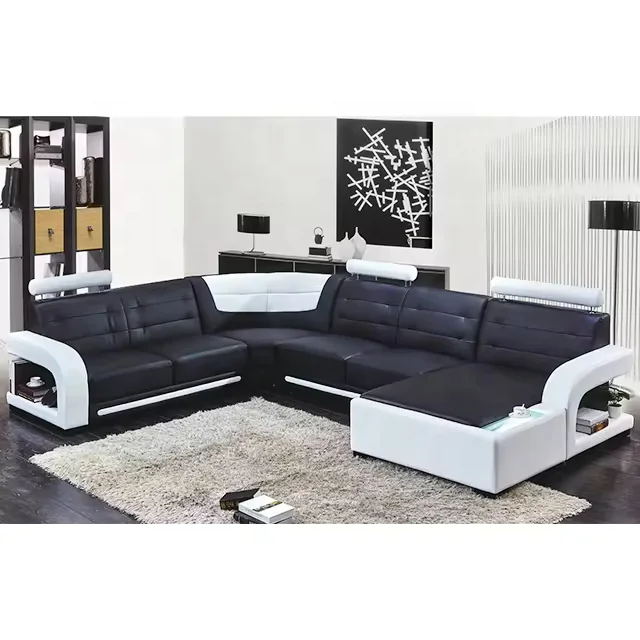 Modern style luxury living room furniture sofa sets solid wood leather sofa furniture black and white