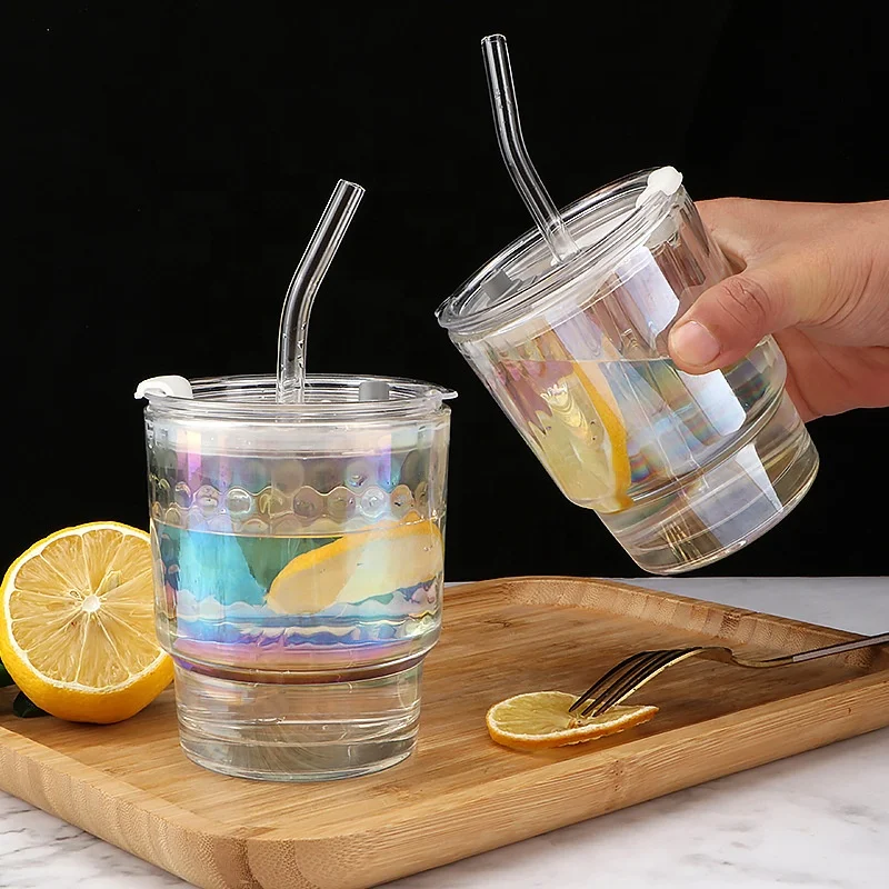 Glass Tumbler Colorful Glass Coffee Cup with Lid and Straw Modern Design Drinking Glass Cup