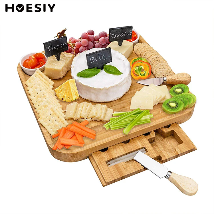 Natural Bamboo Cheese Cutting Tray Logo Custom Cheese Serving Platter Cheese Board With Knives Charcuterie Board Set