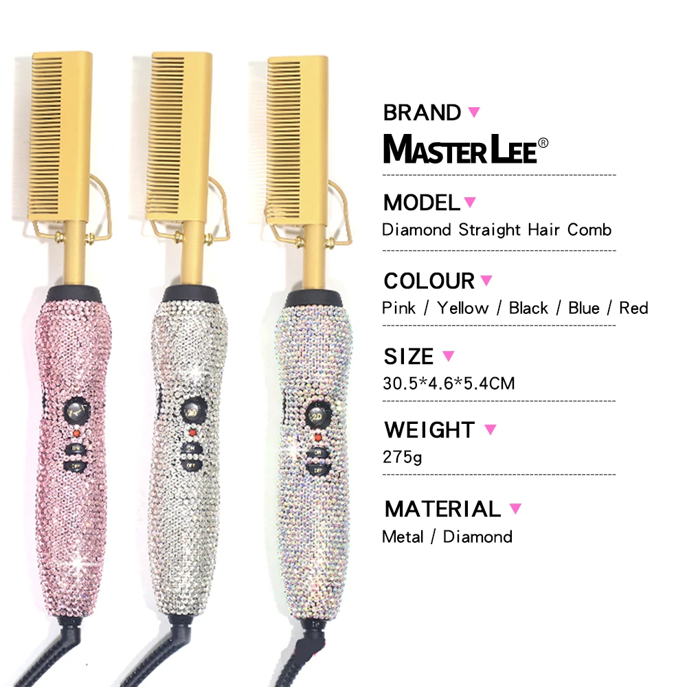 Luxury diamond electric curly hair brush Professional copper metal Hair Straightening Comb bling hot comb