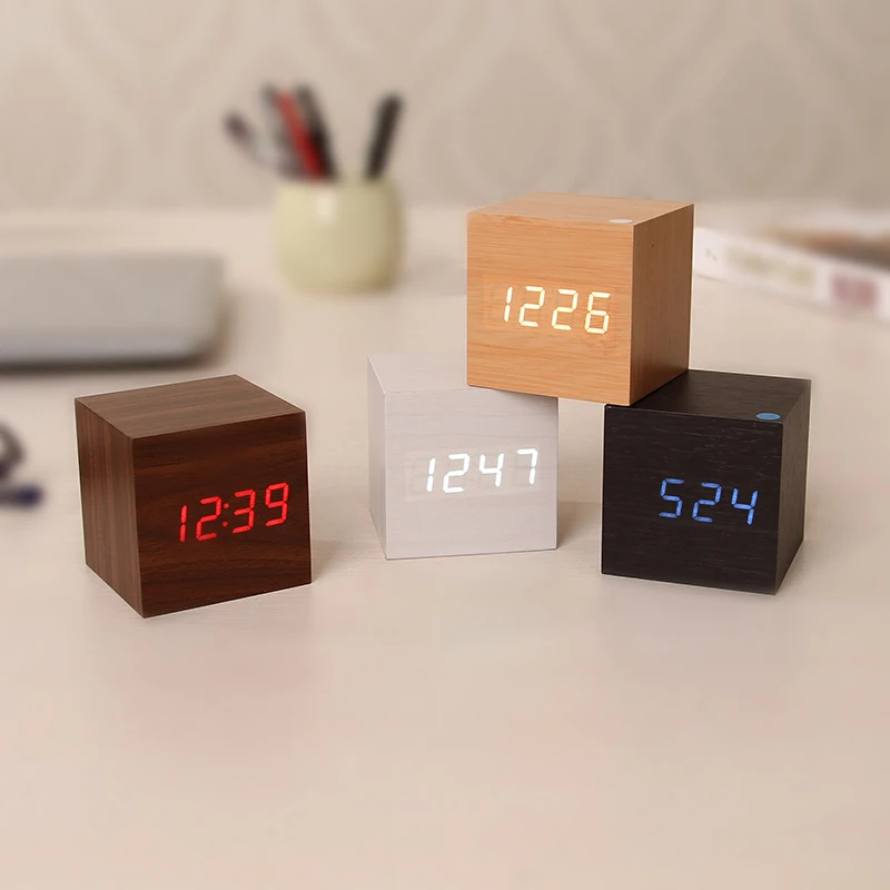 LED Digital Wooden Clock Alarm Cube Timer Calendar Thermometer Voice Control Anti-Snooze Desk Table Tools Household Decoration