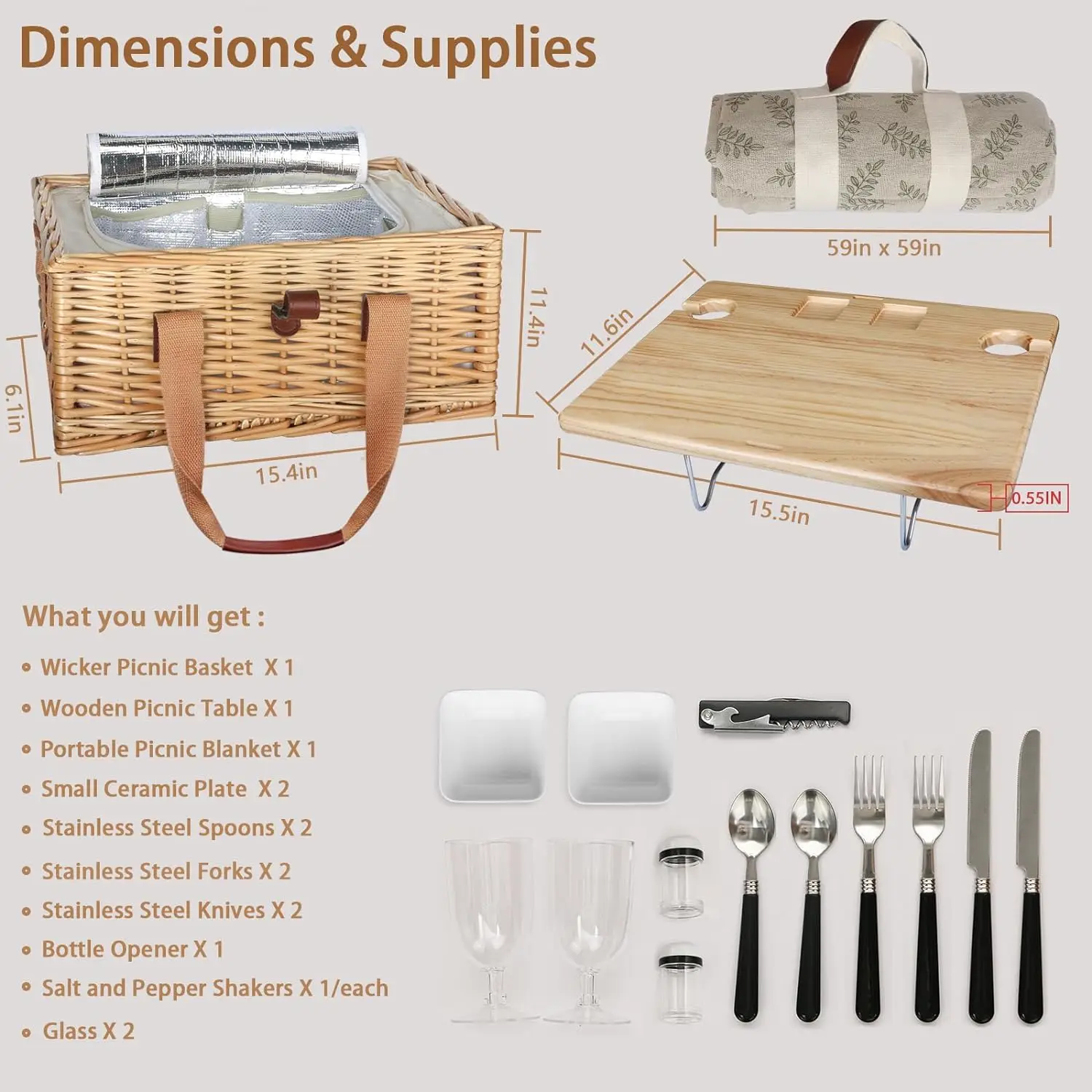 Wicker Picnic Basket for 2 with Mini Folding Wine Picnic Table & Large Insulated Cooler Bag & Cutlery Service Kits for 2 Person