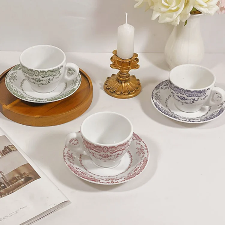 Ready to ship European style retro rose flowers white ceramic coffee cups and saucers afternoon tea cups custom logo