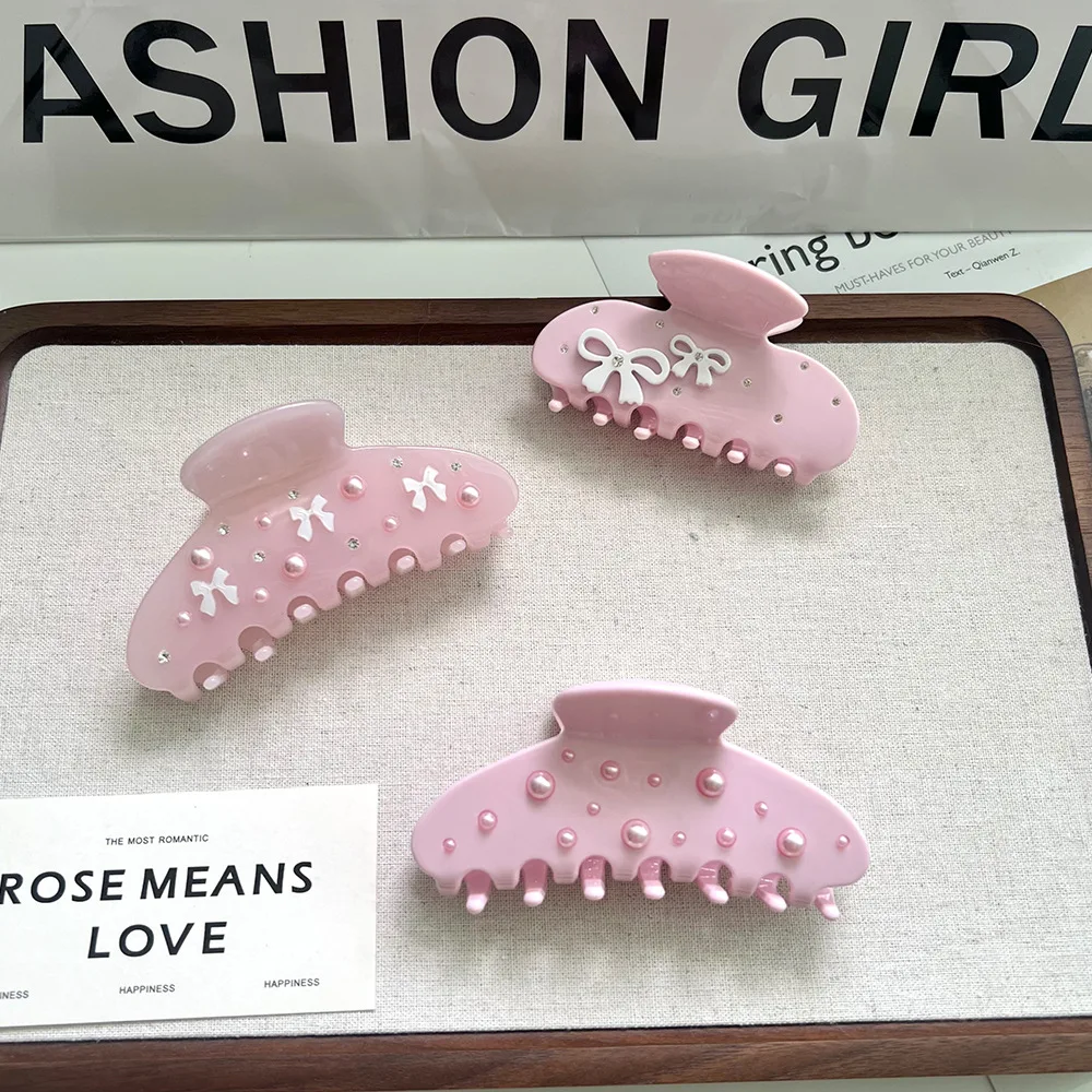 Fashion pink bow rhinestone hair clip cute girl Pearl acetate claw clip wholesale daily hair accessories for kids