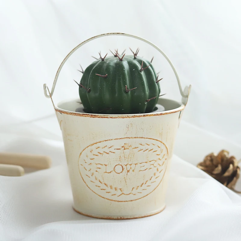Grocery metal crafts retro distressed beige mini iron bucket succulent plant pots gardening accessories garden supplies