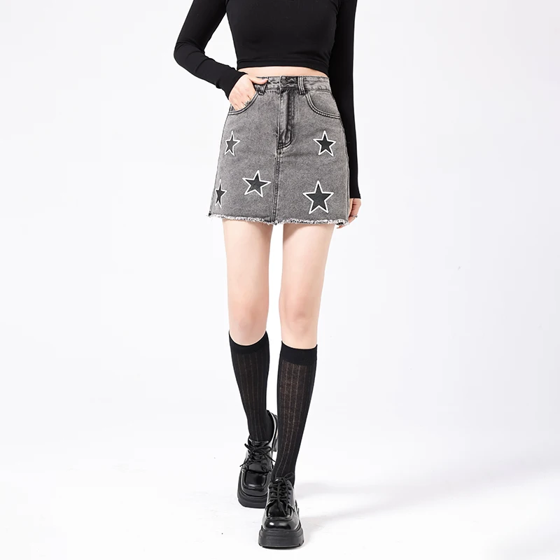 Elegant Star Pattern Mini Denim Skirt for Women High Quality Short Winter and Summer Dress with Sweet Style Logo on Waist