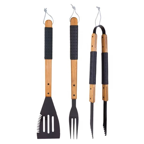 Wood handle non-stick spray paint,barbecue three-piece set,can print logo barbecue tool combination