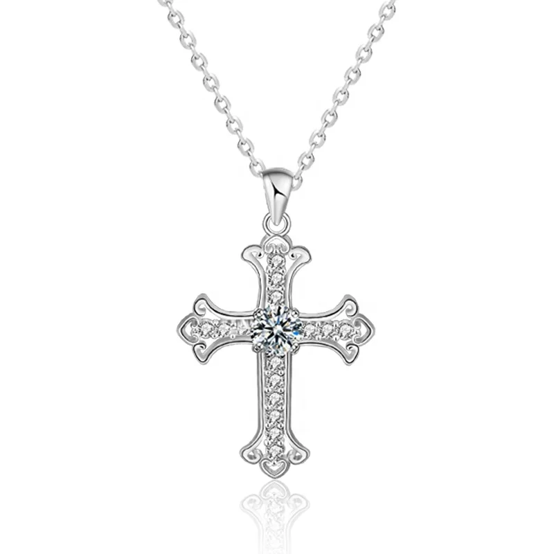 925 Sterling Silver Cross Necklace 0.5Ct Moissanite Diamond Cross Pendant Necklaces for Women Wholesale Jewellery
