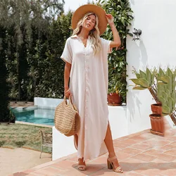 Beachwear Dress Swimwear Mujer Sundress Beach Cover-up, Slub Cotton Bikini Cover-up Summer Women Sexy Beach Dress