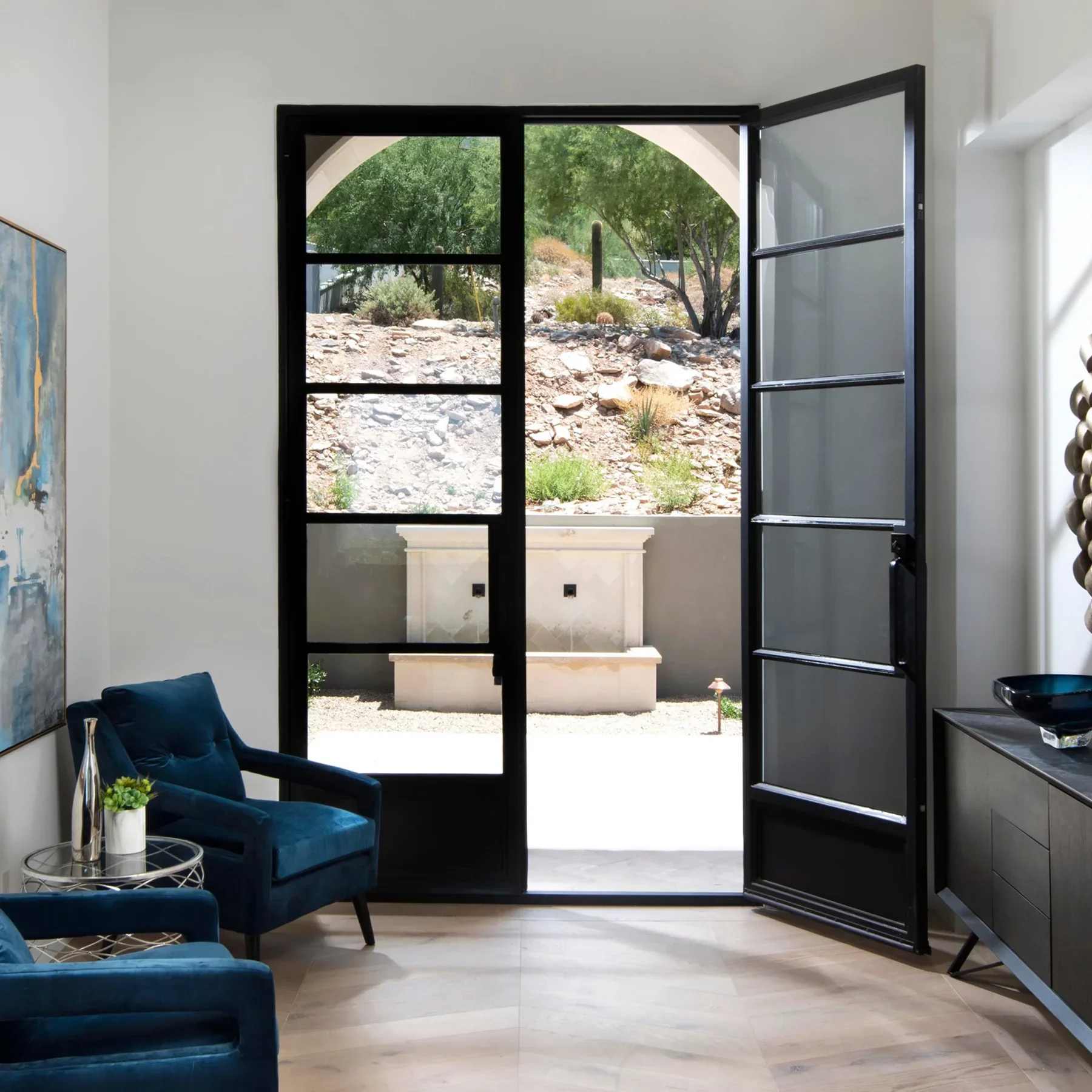 Modern Designs Customized Interior Iron Glass Door Double Tempered Glass: Arched + Lattice