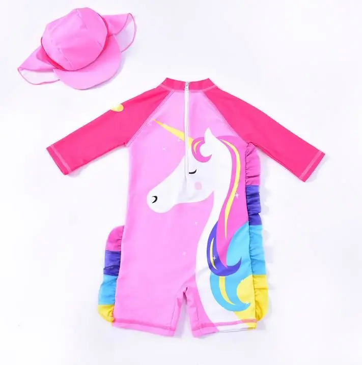 Hot Pink Unicorn Mama and Child Unicorn Sweet Long Sleeve Girls Swimming Onesie Suit with hat