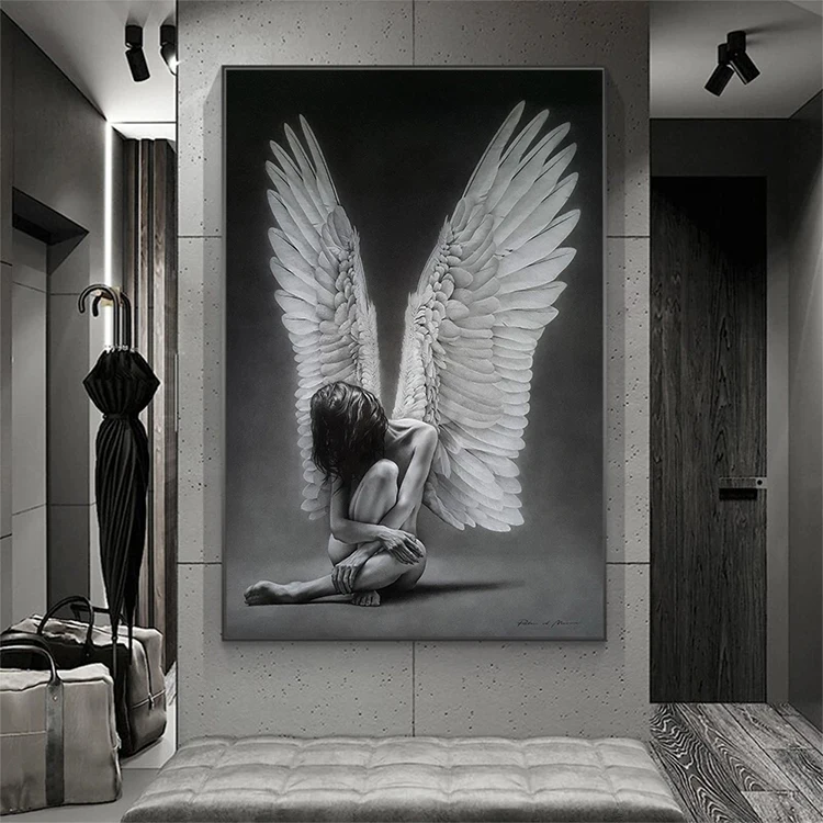Home Decor Sexy Naked Angel Girl Canvas Painting Black White Figure Posters and Prints Wall Art Picture Canvas Painting